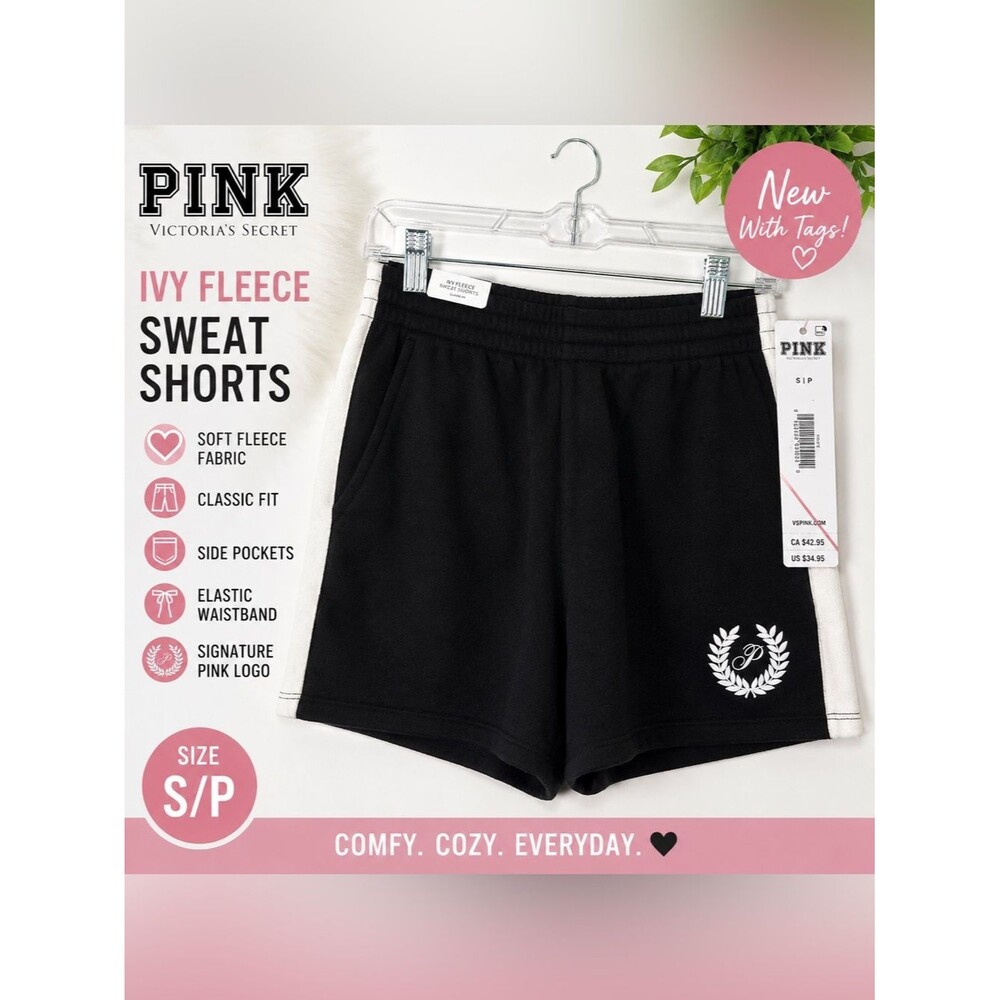 NWT PINK Victoria’s Secret Ivy Fleece High Rise Sweat Shorts Black White Small